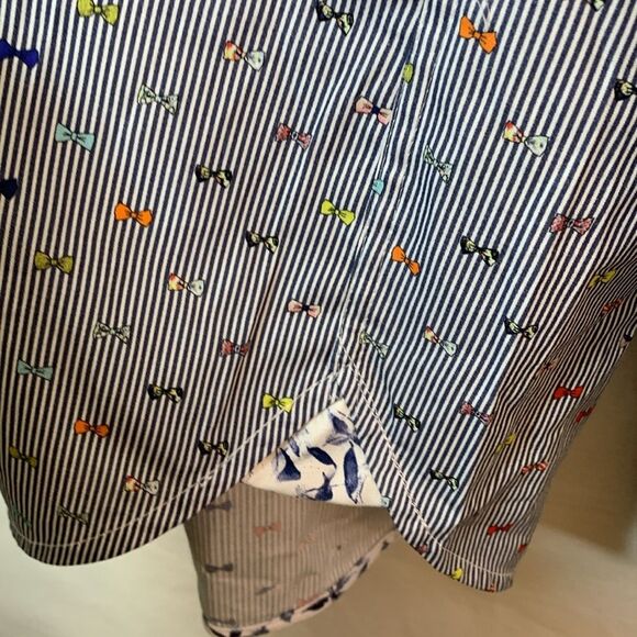 Luchiano Visconti Navy White Striped Multicolor Bow-Tie Print Dress Shirt XXL - Picture 5 of 15